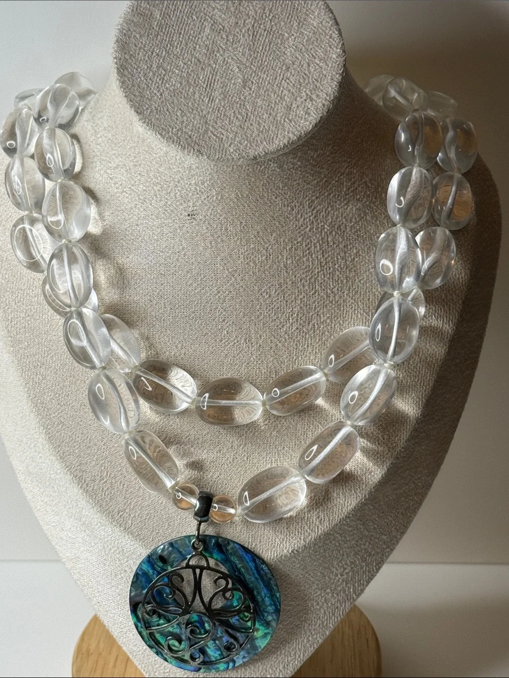 Sterling silver 925 artisan Clear Glass Bead Necklace Abalone Pendant runway